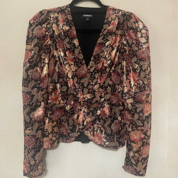 Express EUC floral metallic peplum wrap feminine festive blouse size XS - Picture 3 of 7